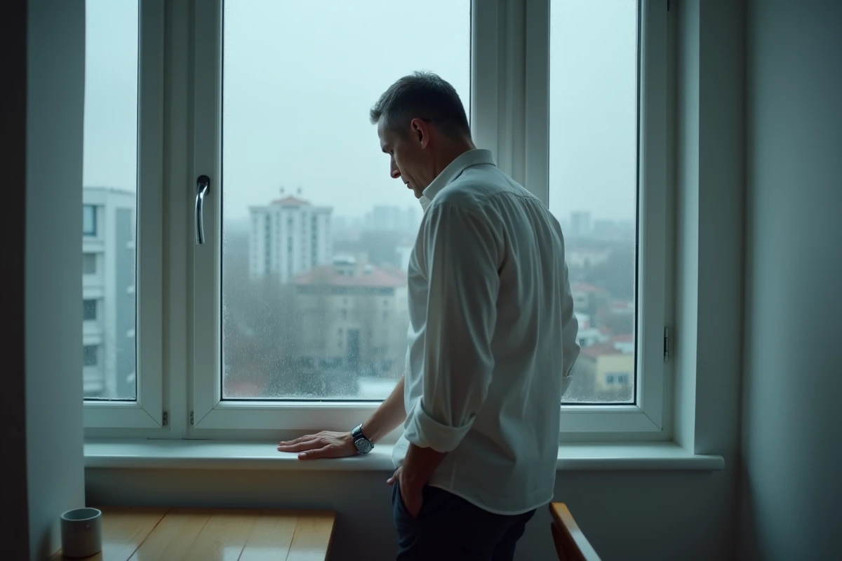 Homme debout devant une fenêtre sous la pluie dans un appartement minimaliste, plongé dans une tristesse et une solitude intérieure