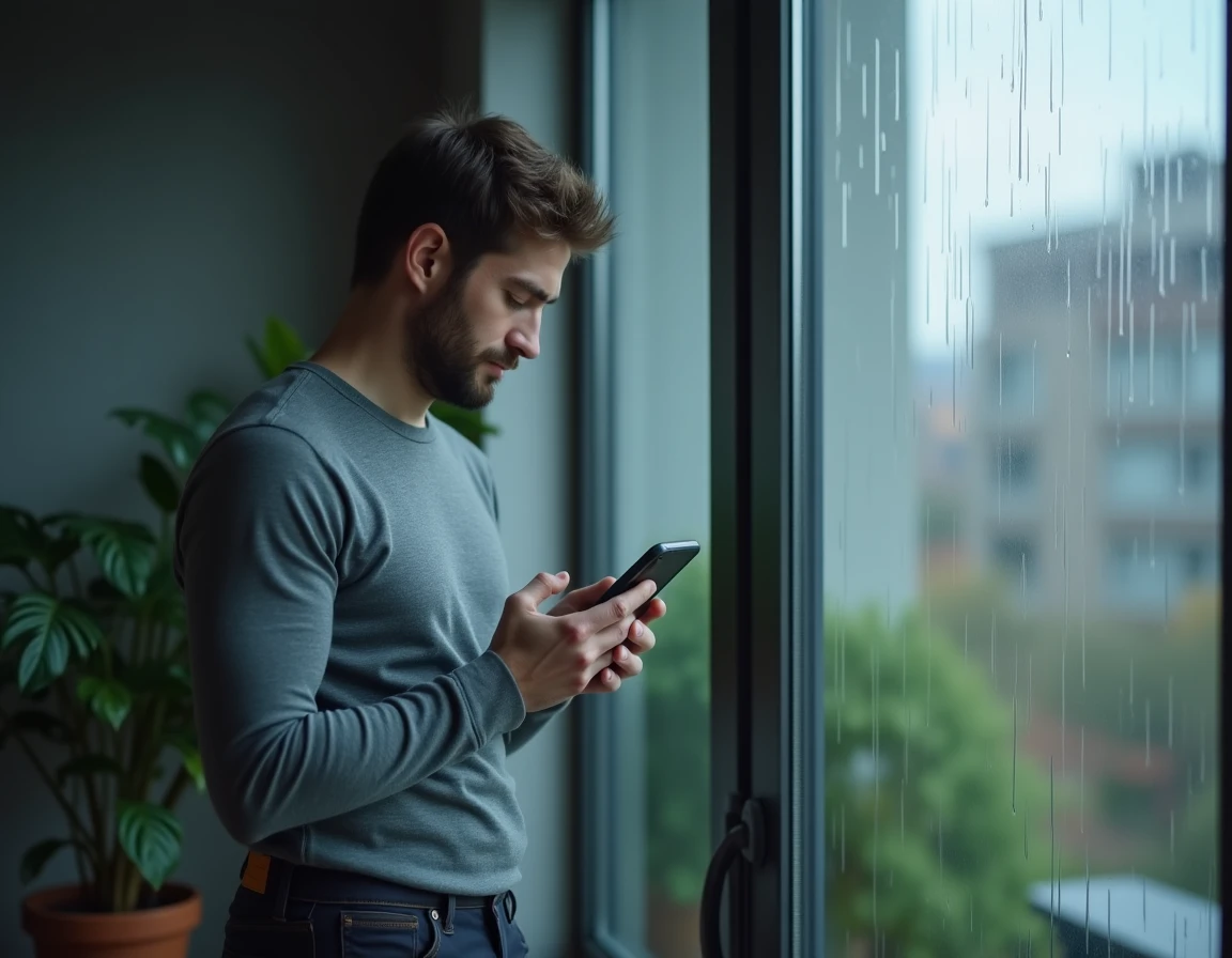 Homme pensif près d'une fenêtre sous la pluie tenant son téléphone affichant 12h12, symbolisant l'attente d'un message de son ex
