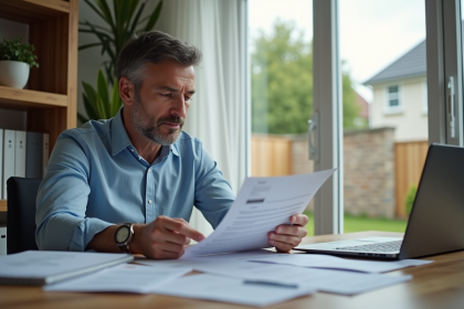 Homme d'âge moyen vérifiant documents fiscaux dans un bureau moderne