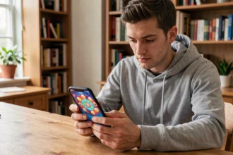 Jeune homme jouant à Coin Master sur smartphone assis à un bureau en bois chez lui