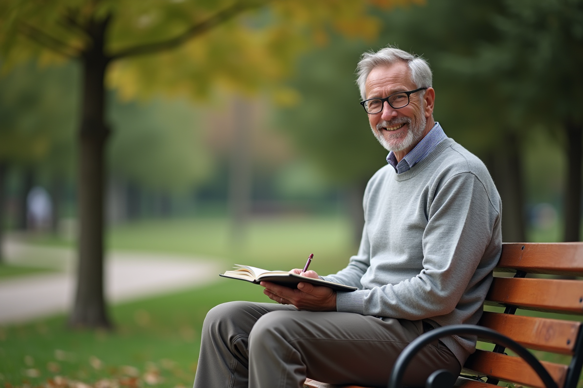 Homme relaxant sur un banc dans un parc en écrivant dans un journal