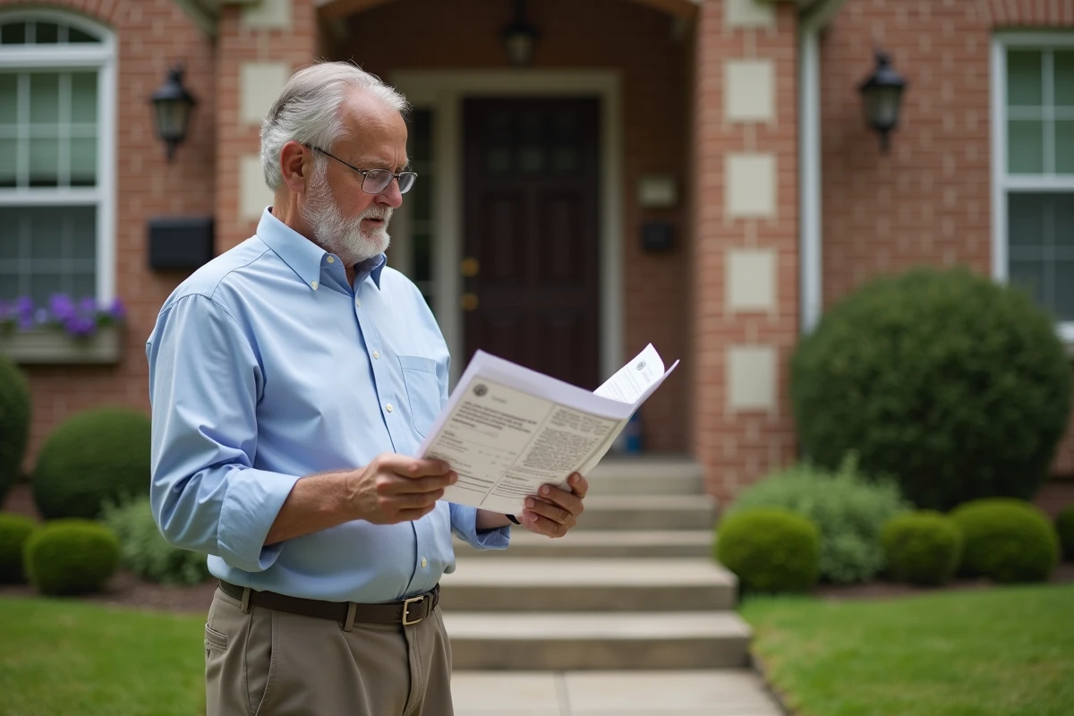 Homme lisant un brochure sur les taux hypothécaires devant une maison
