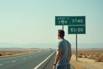 Homme lisant un panneau de distance en miles et kilomètres au bord d'une autoroute américaine