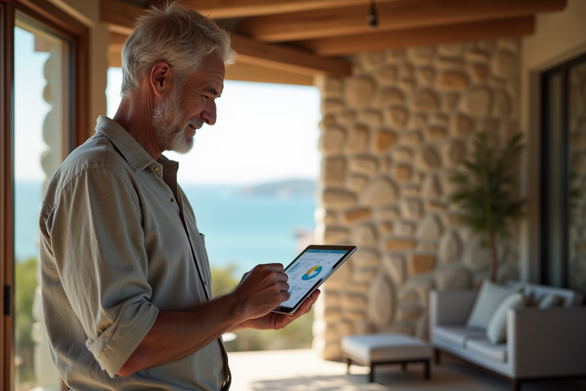 Homme mature regardant tablette avec dépenses immobilières
