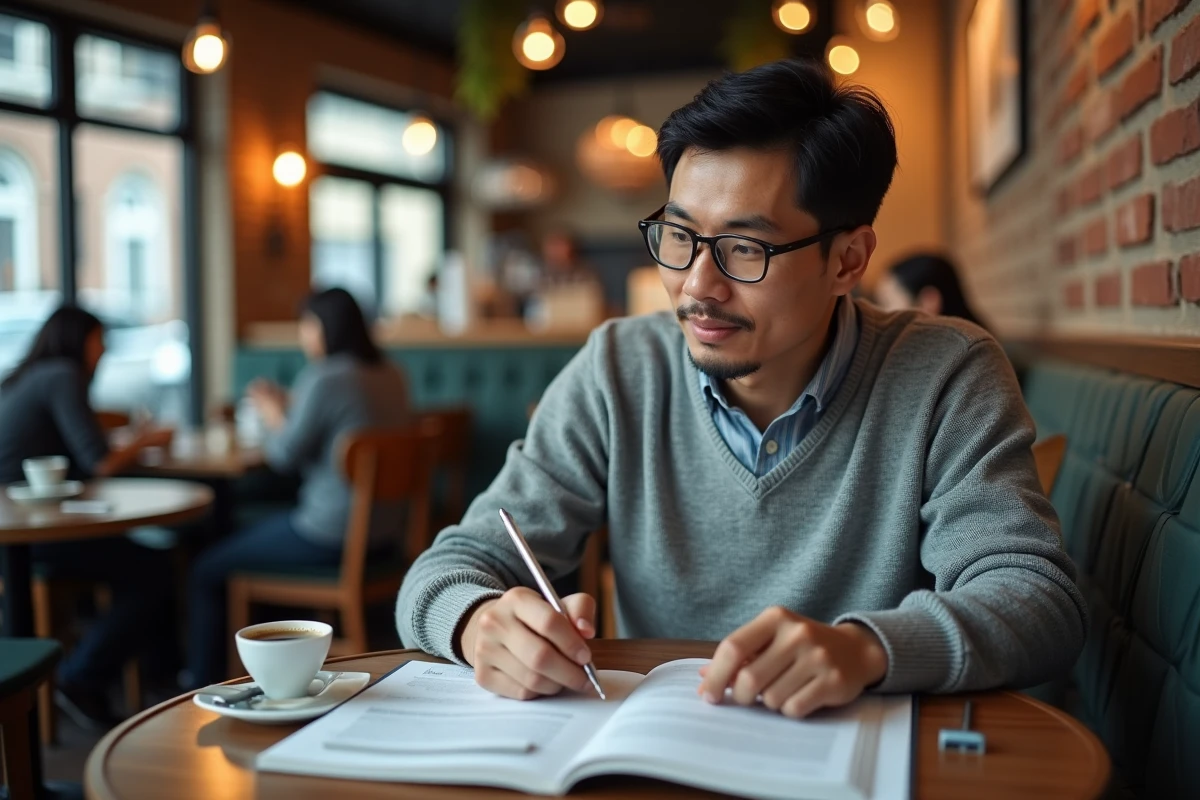 Homme préparant sa naturalisation française en consultant un questionnaire imprimé dans un café