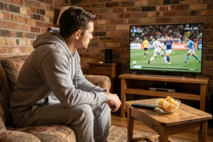 Homme regardant un match de football en direct sur sa Freebox dans un salon modeste et chaleureux