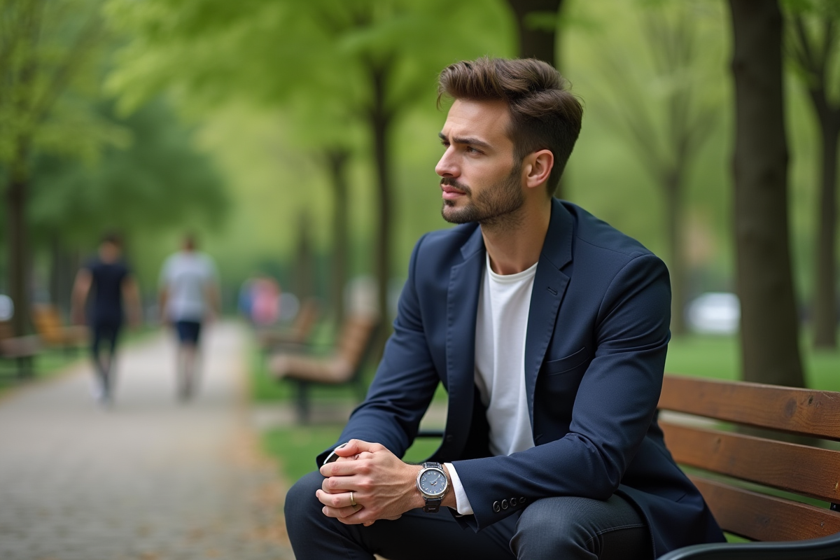 Homme en tenue décontractée assis dans un parc verdoyant