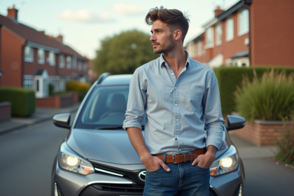 Homme décontracté près d'une voiture en banlieue