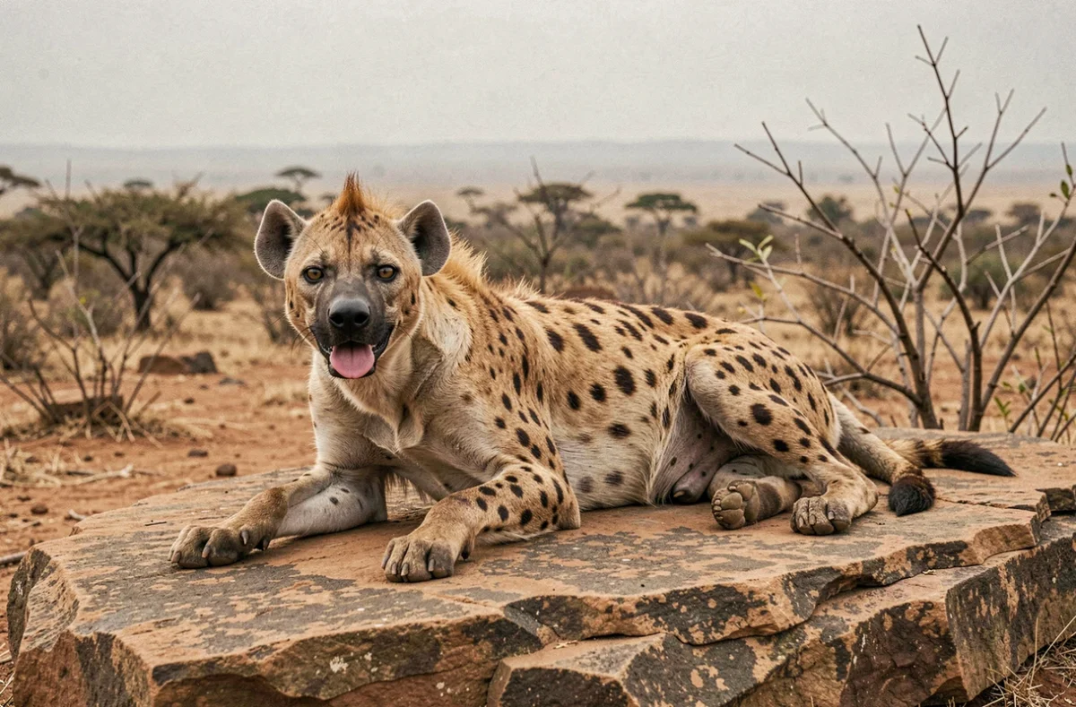 Hyène allongée sur un rocher en Afrique avec une expression détendue et amusante rappelant le personnage Ed dans Le Roi Lion