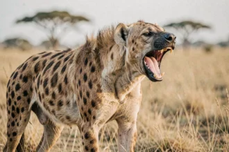 Hyène tachetée dans la savane africaine avec une expression comique et bouche ouverte, évoquant le personnage Ed du Roi Lion