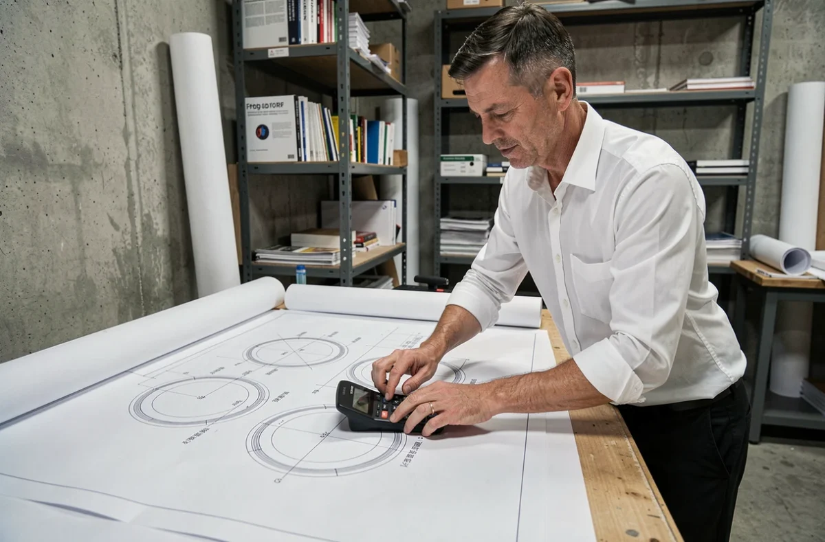 Ingénieur calculant la surface de cercles sur un plan architectural avec une calculatrice scientifique dans un atelier technique