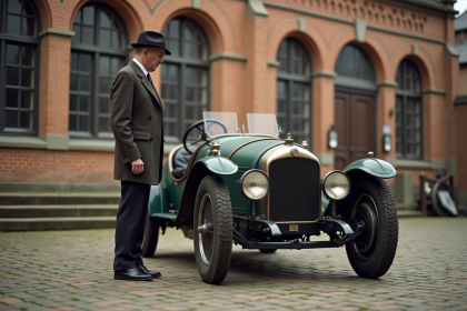 Ingénieur vintage examine voiture sans conducteur ancienne