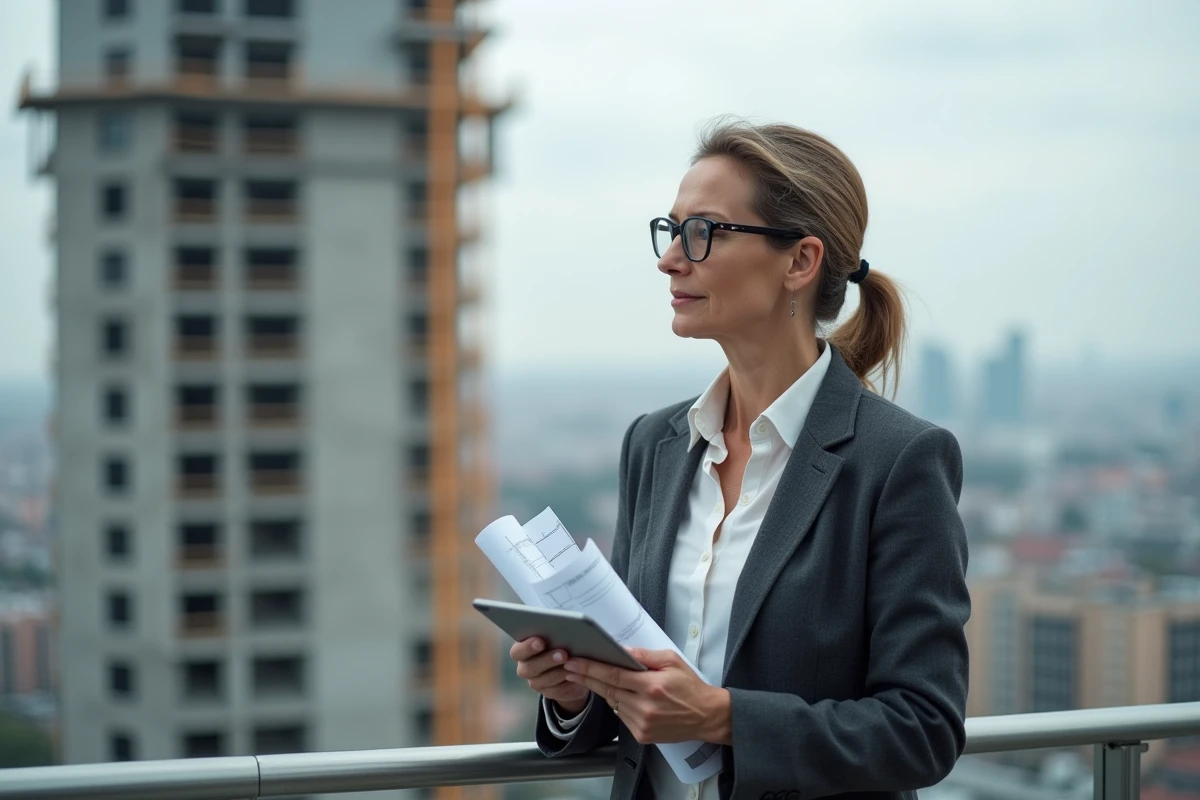 Femme cadre inspectant un chantier de construction immobilière avec un plan architectural et une tablette numérique en main