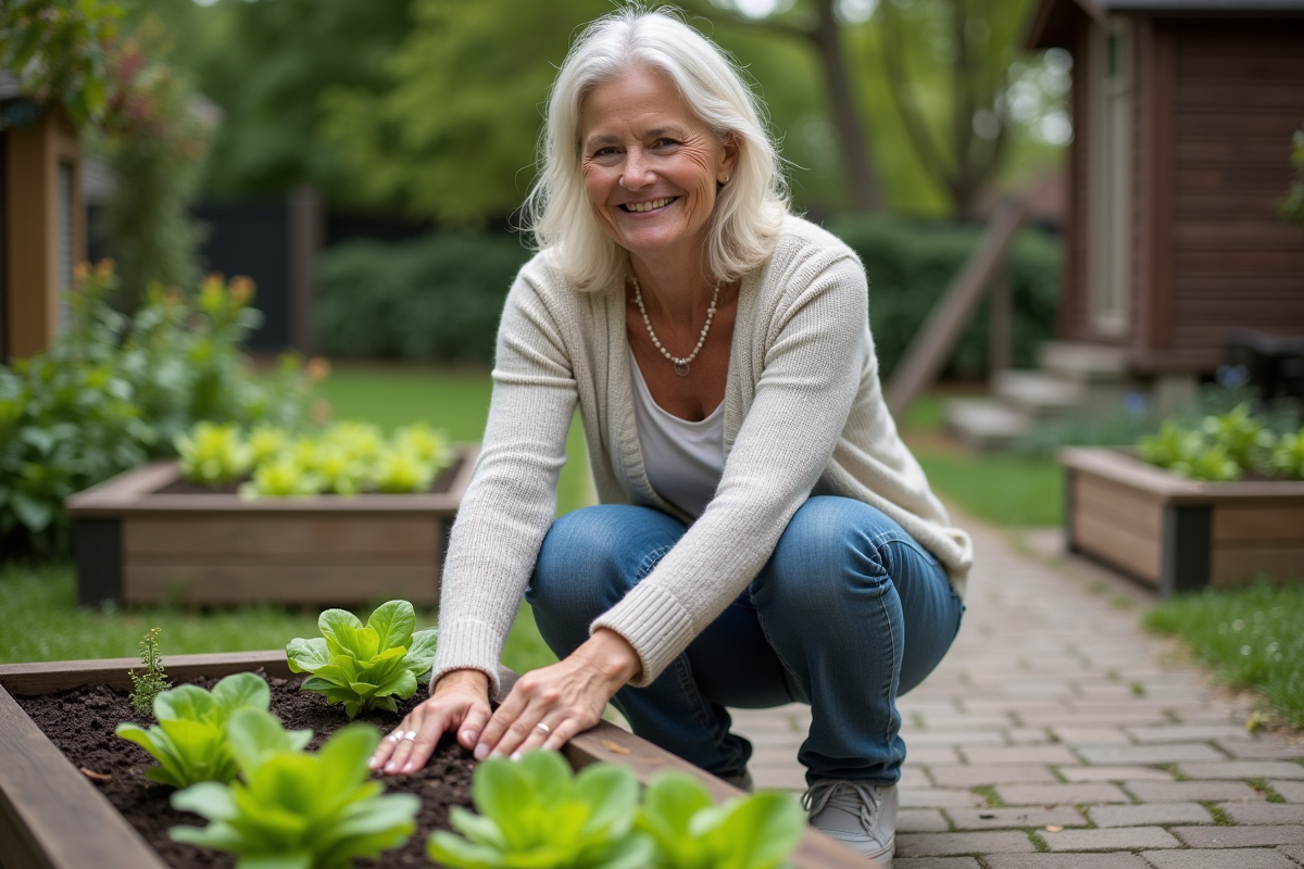 Femme d'âge moyen plantant des jeunes laitues dans un jardin
