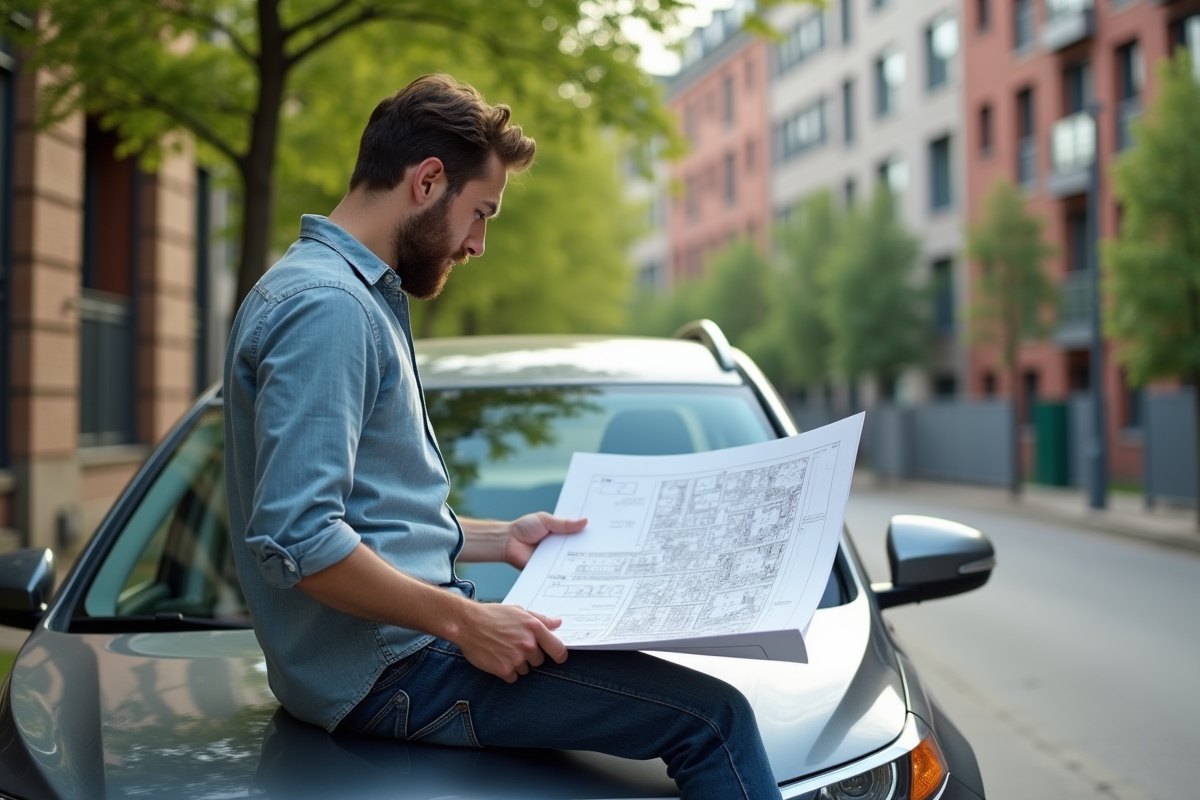 Jeune architecte examine plan urbain près d un parc