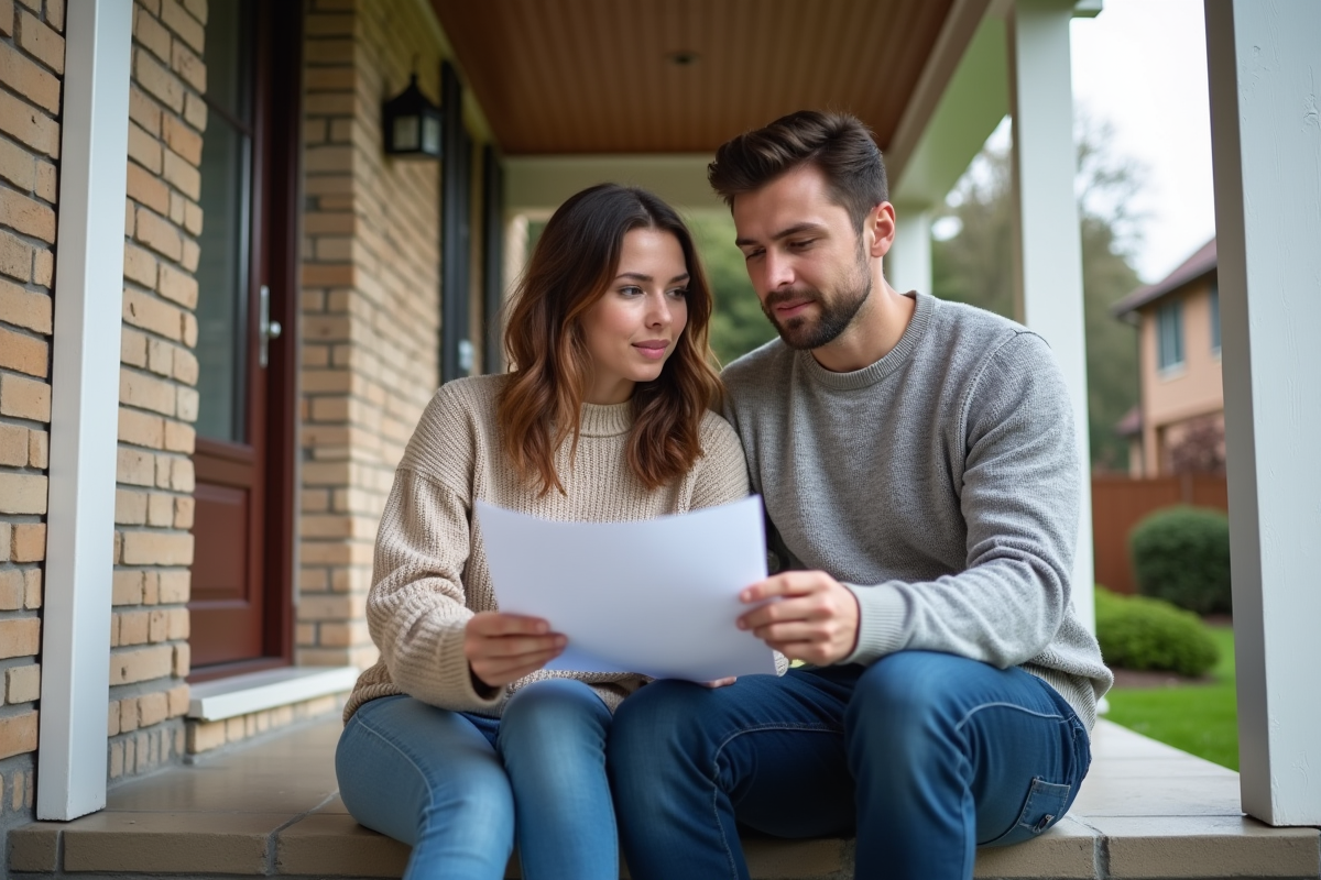 Jeune couple discutant de leur prêt immobilier sur la véranda