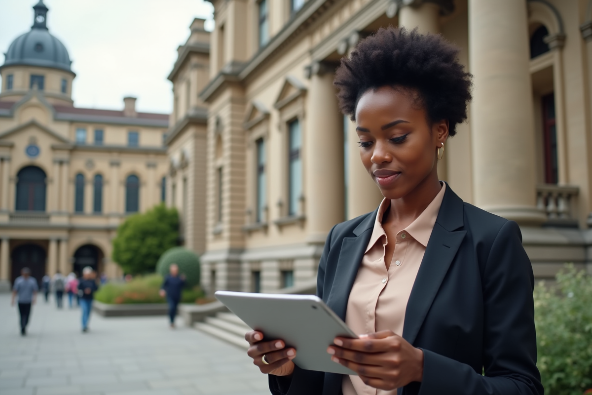 Jeune femme noire analysant un rapport budgétaire sur tablette