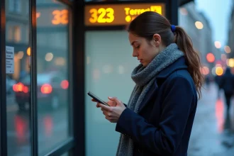 Jeune femme au arrêt de bus vérifiant l'horaire avec smartphone