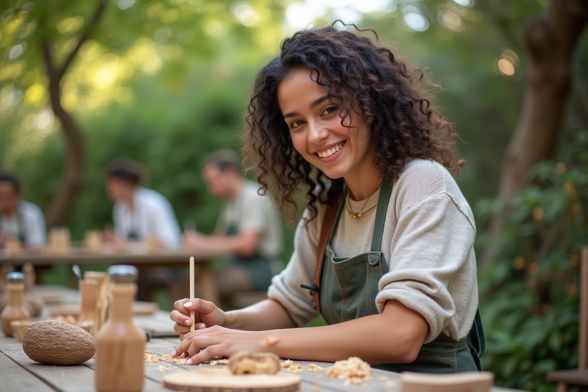 Jeune femme souriante sculpte du bois dans un jardin verdoyant