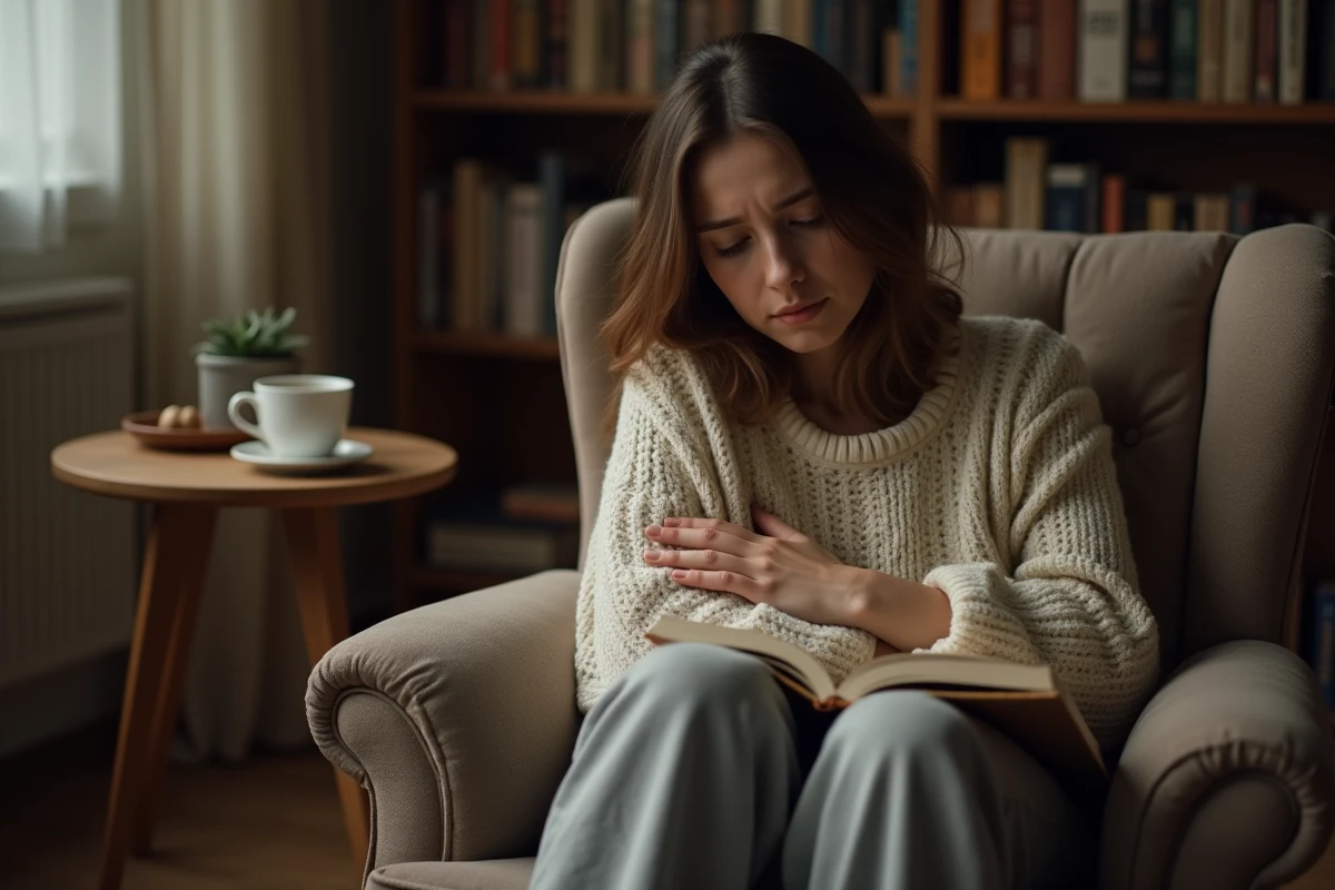 Jeune femme recroquevillée dans un fauteuil tenant un livre fermé contre elle, illustrant la solitude et le chagrin silencieux