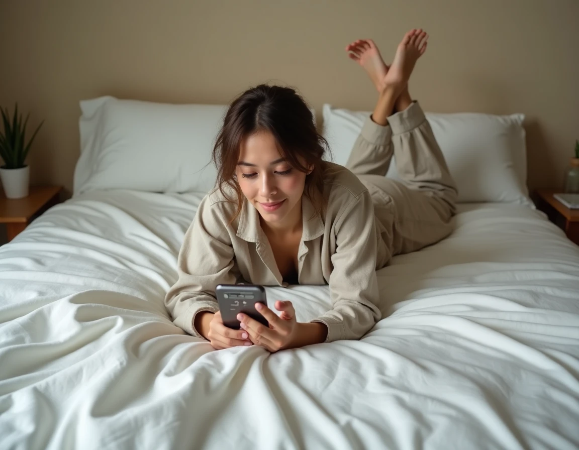 Jeune femme allongée sur son lit consultant son téléphone affichant 12h12, réfléchissant à la signification de cette heure miroir