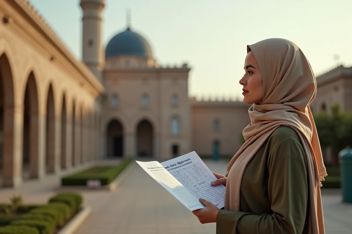 Jeune femme musulmane avec timetable devant la mosquee