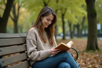 Jeune femme lisant un livre dans un parc parisien