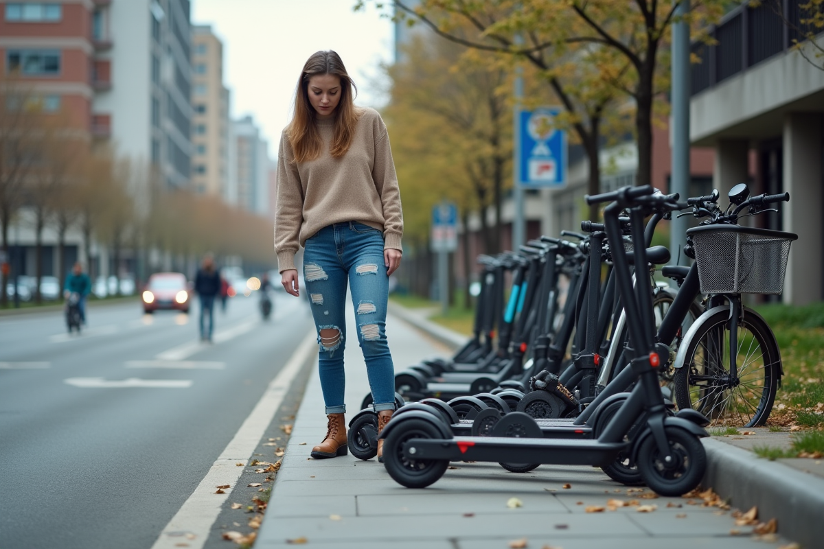 Jeune femme frustrée à côté de scooters désordonnés en ville