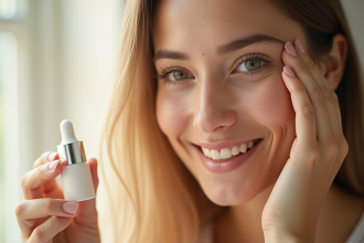 Jeune femme appliquant un serum vitamine C sur sa peau hydratée
