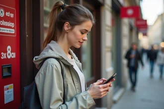 Jeune femme avec smartphone devant poste en ville