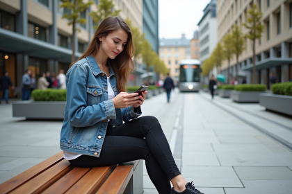 Jeune femme en denim assise sur un banc en ville en train de texter