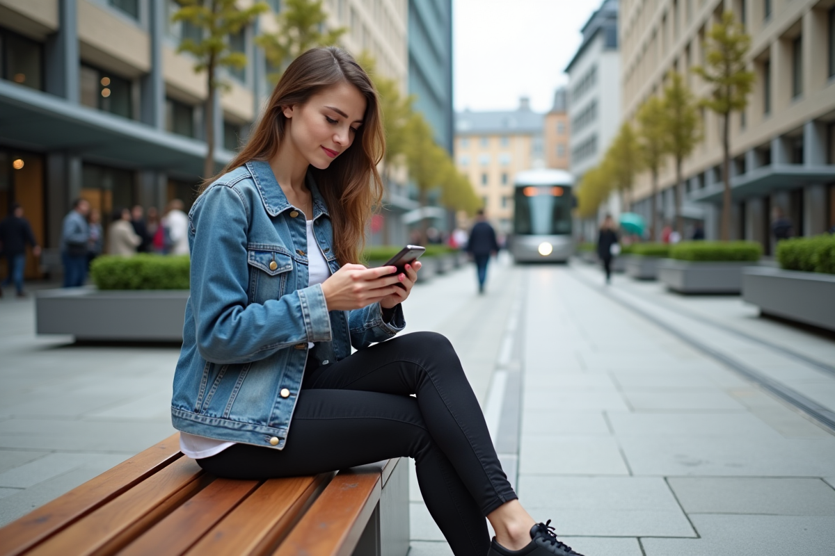 Jeune femme en denim assise sur un banc en ville en train de texter