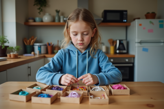 Jeune fille de 12 ans triait des bracelets faits main dans la cuisine