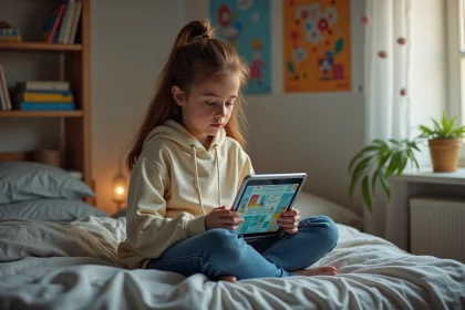 Jeune fille en hoodie lisant des comics sur tablette