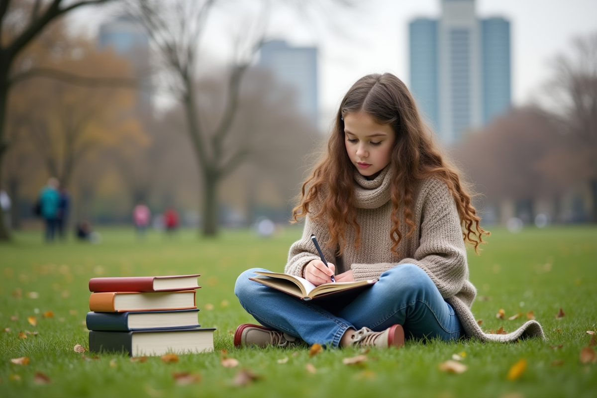 Jeune fille écrivant dans un carnet dans un parc urbain