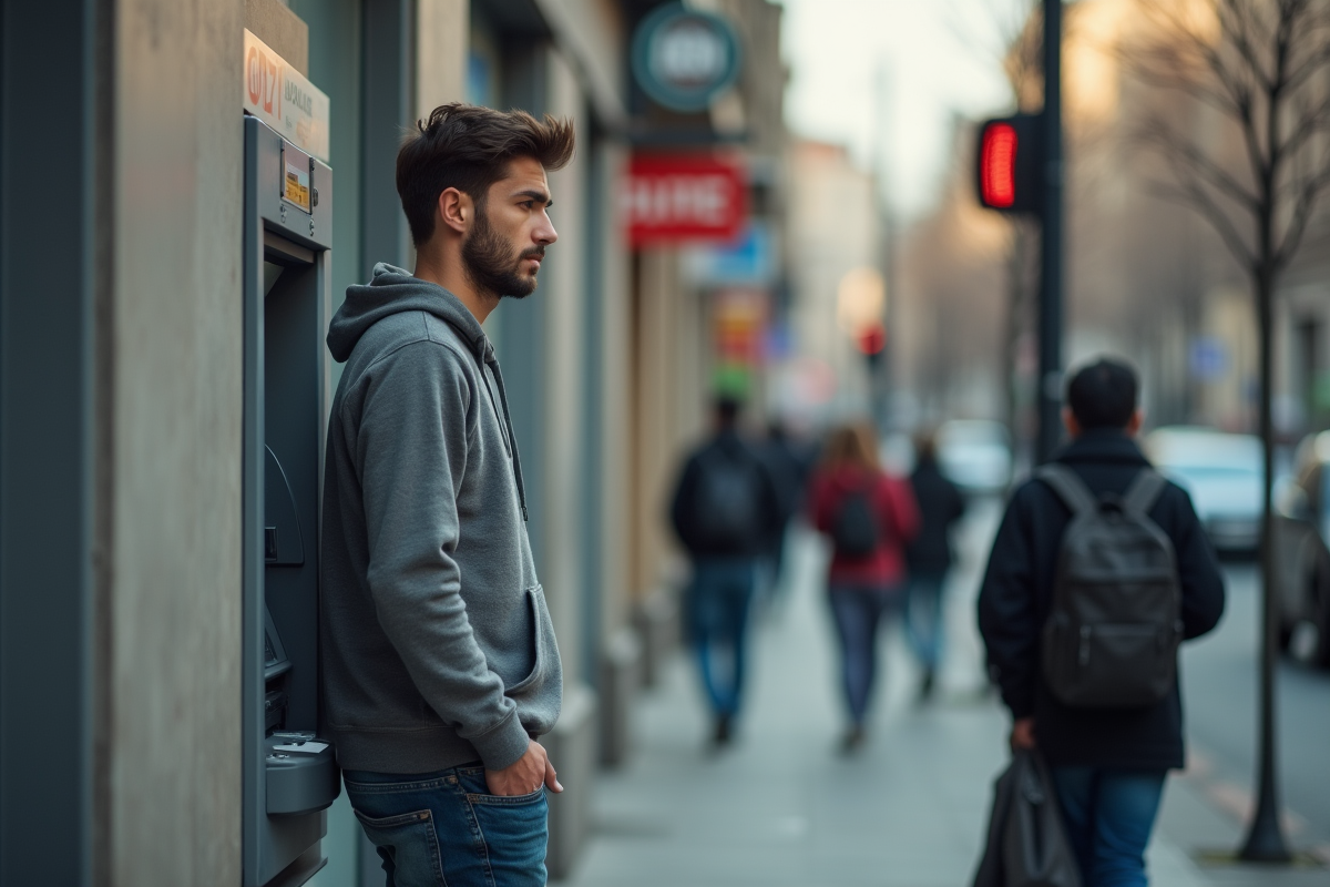 Jeune homme regardant son solde à un distributeur automatique