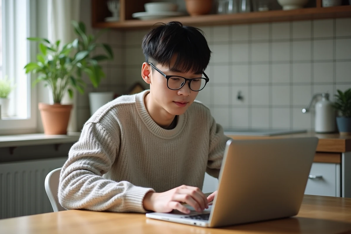 Jeune homme avec ordinateur dans une cuisine lumineuse