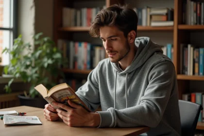 Jeune homme adulte lisant un webtoon ou roman graphique à son bureau, ambiance cosy et studieuse