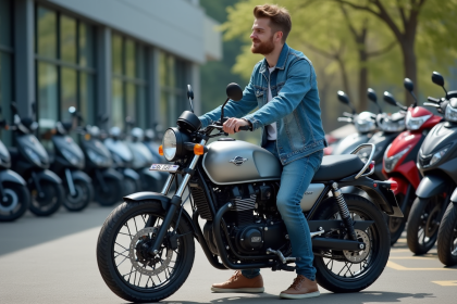 Jeune homme en denim devant une moto 125cc en concession