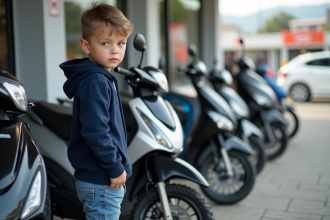 Jeune garçon examine motos 50cc dans un concessionnaire