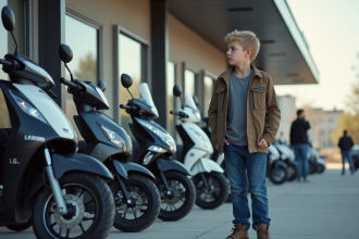 Jeune garçon regardant des motos 50cc devant un concessionnaire moderne