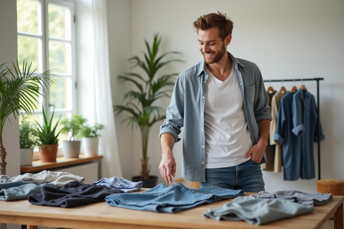 Jeune homme arrangeant ses vêtements sur une table lumineuse