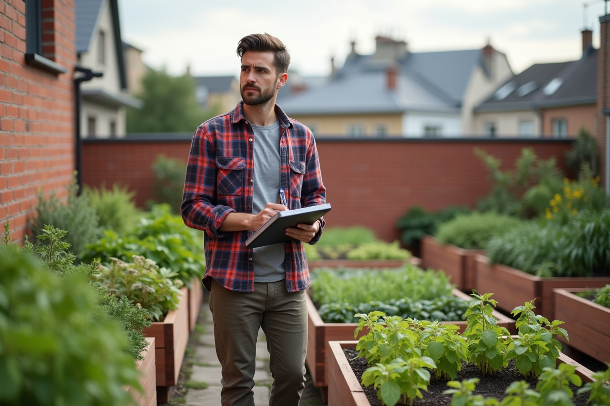 Jeune homme avec carnet de jardinage sur terrasse urbaine