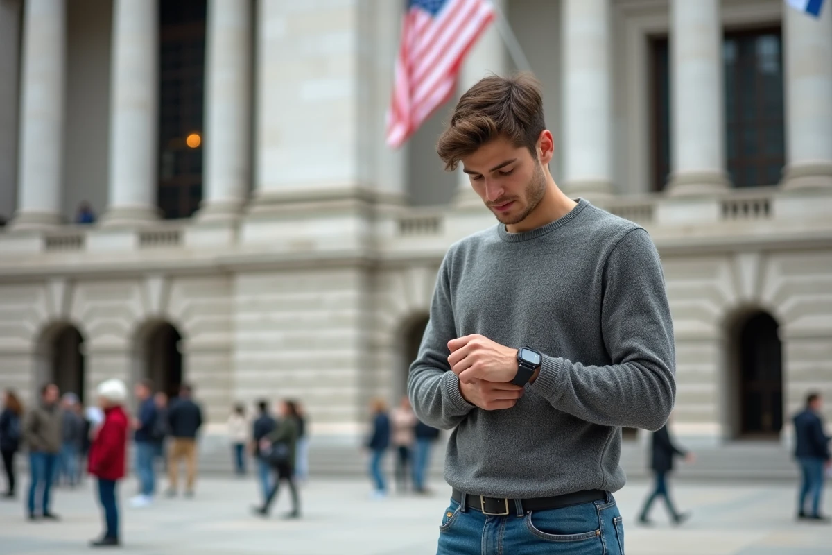 Jeune homme regardant sa montre devant un bâtiment en marbre