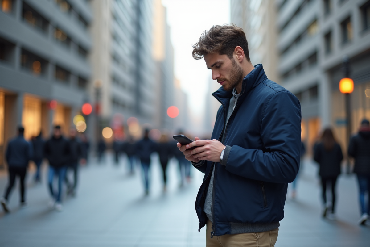 Jeune homme avec veste navy sur un trottoir urbain