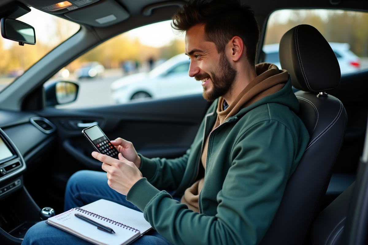 Jeune homme dans une voiture avec calculatrice et notes