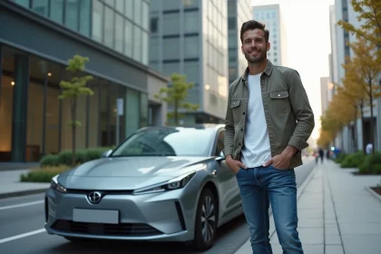 Jeune homme professionnel près d'une voiture hybride urbaine
