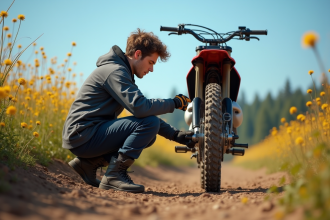 Jeune homme en motocross ajustant la chaîne de son dirt bike en plein air