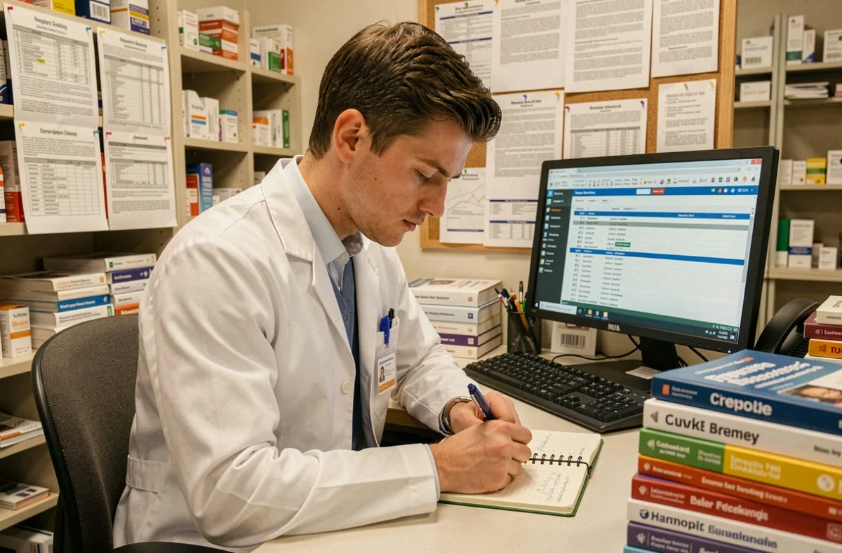 Jeune pharmacien débutant prenant des notes devant un écran de base de données pharmaceutique