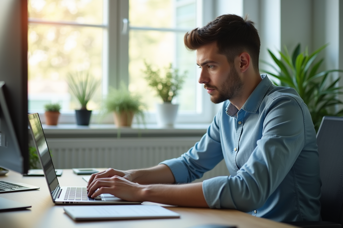 Jeune professionnel au bureau lumineux travaillant sur un ordinateur